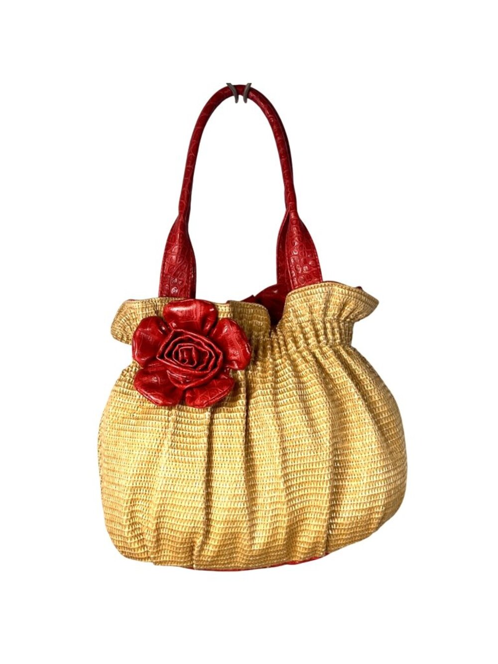Vintage Bueno Tan Woven Straw Red Faux Leather Flower Satchel Purse Summer Bag